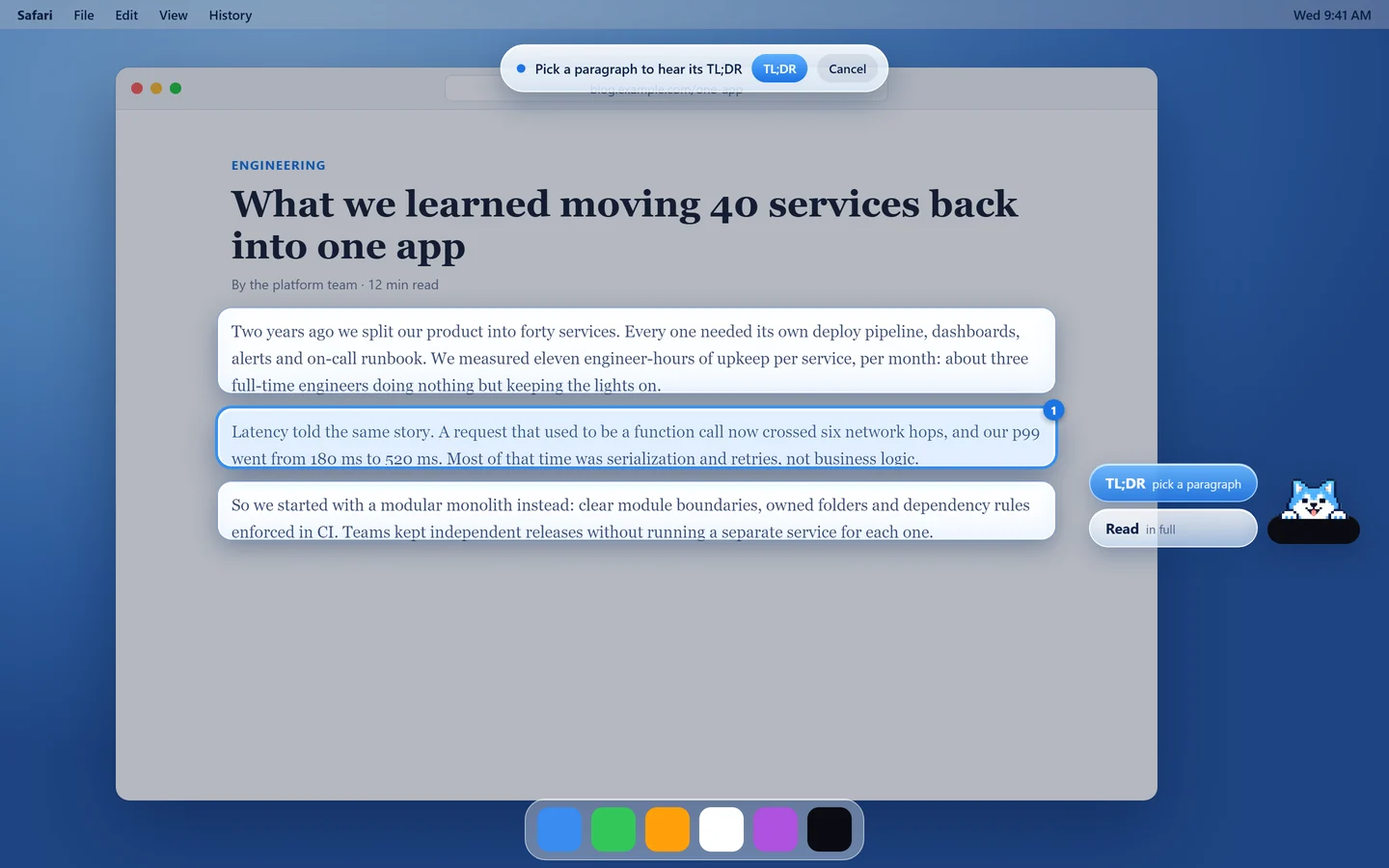 Notchman on a Mac: the floating Shiba offers TL;DR or Read while paragraphs glow, ready to pick