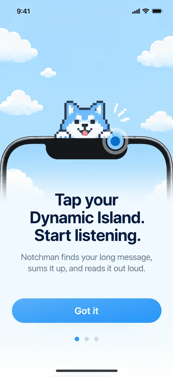 Notchman on iPhone: Tap your Dynamic Island. Start listening.