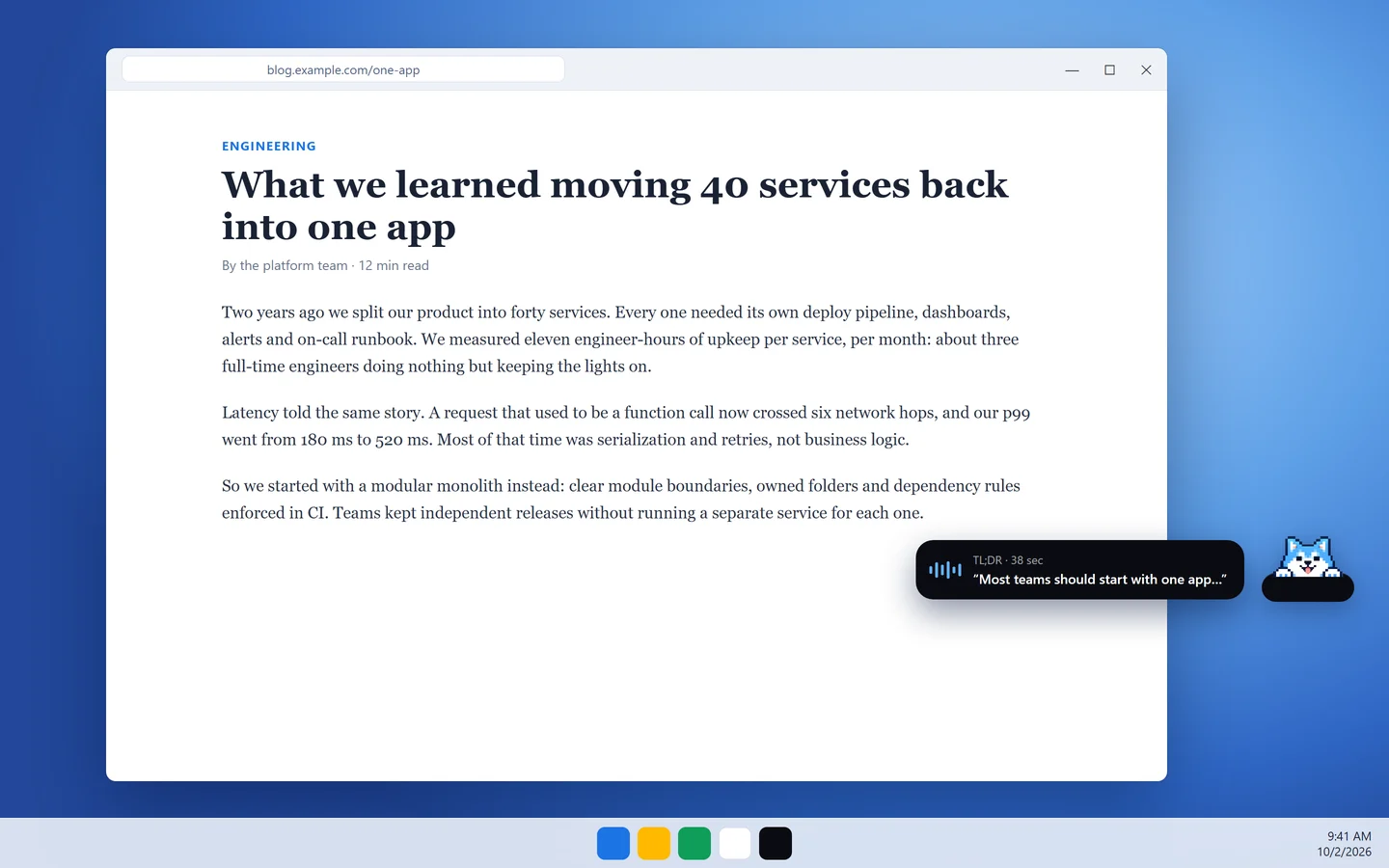Notchman on Windows: the floating Shiba speaks a 38-second TL;DR of an article